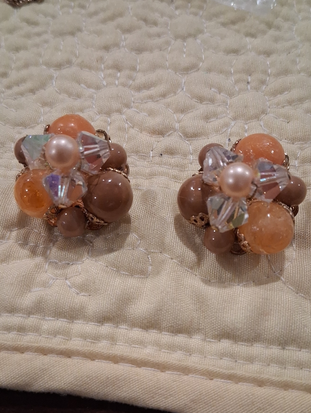 Peach & Taupe Cluster Clip-On Earrings with Pearls